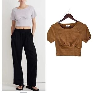 New Madewell Shirred Crewneck Crinkle Crop Top Copper Brown Orange Small NWT